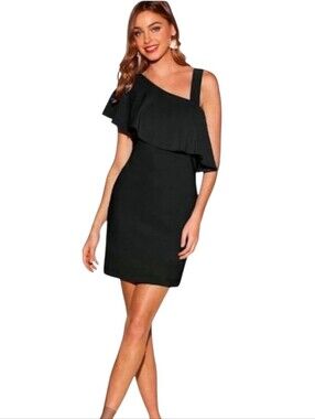 Women's Boston Proper Ruffle One Shoulder Black Dress Sz Medium